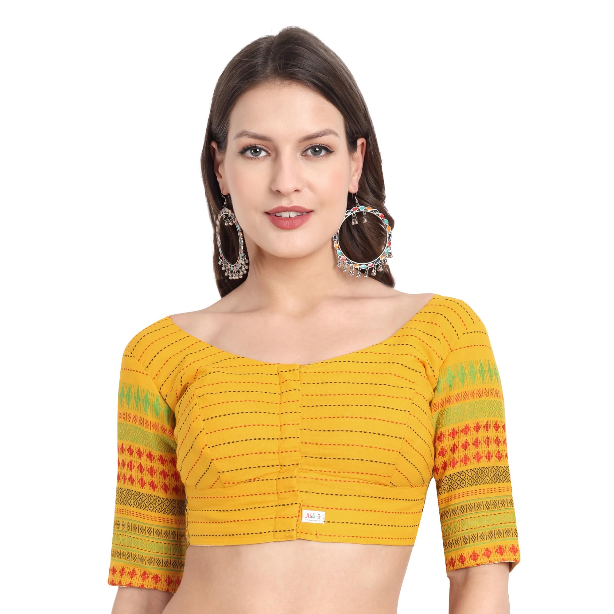 JISB Women's Cotton Stitch Dobby with Border Elbow Sleeve Blouse