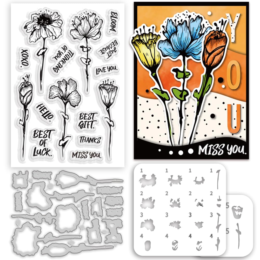 INFUNLY 4pcs/Set Abstract Flowers Stamp and Die Layered Floral Painting Stencils for Card Making Sweet Words Silicone Clear Stamps and Metal Die Stencils for DIY Scrapbooking Photo Crafts Decor
