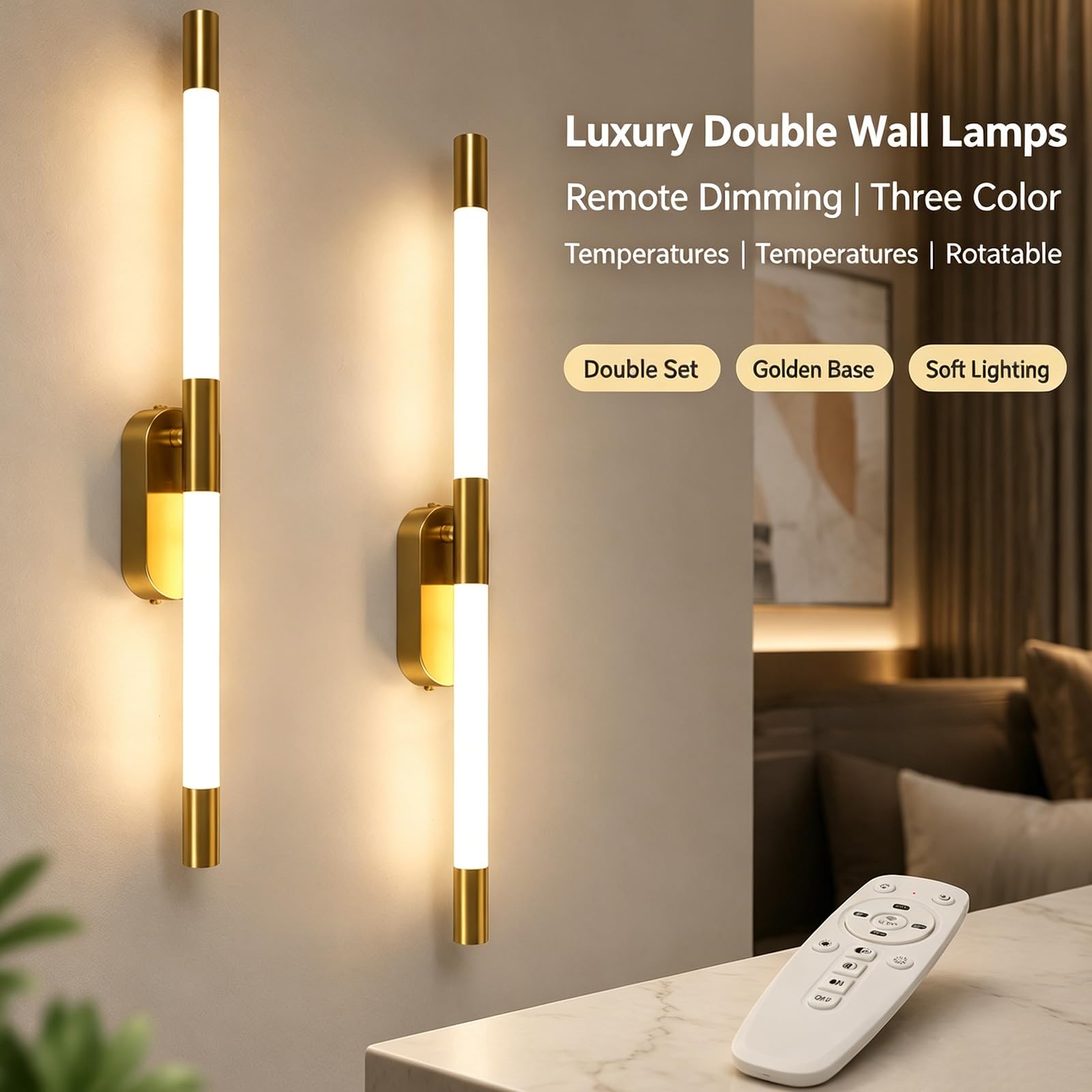 2er Set LED Wandleuchte Innen Gold Dimmbar mit Fernbedienung | 60cm Lange, 18W LED, Acryl Lampenschirm, Verstellbare Farbtemperatur Helligkeit, für Schlafzimmer, Flur, Treppenhaus