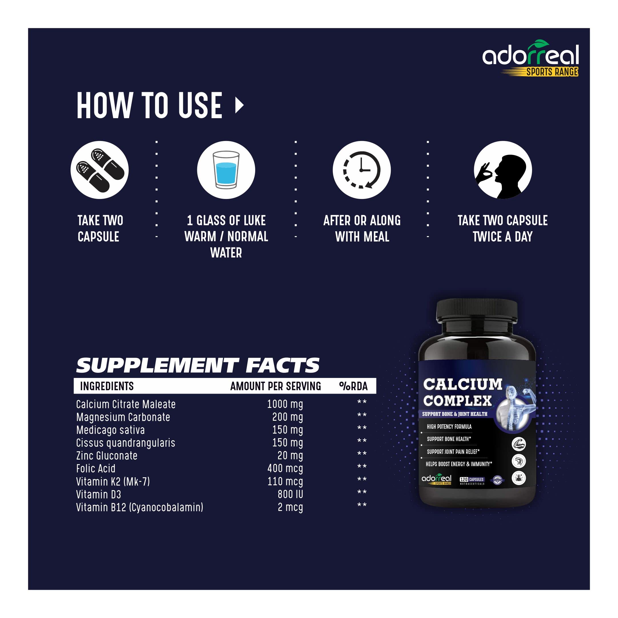Adorreal Calcium Complex 120 capsules with Magnesium, Vitamin D3 and Zinc| Helps boost energy and immunity 4