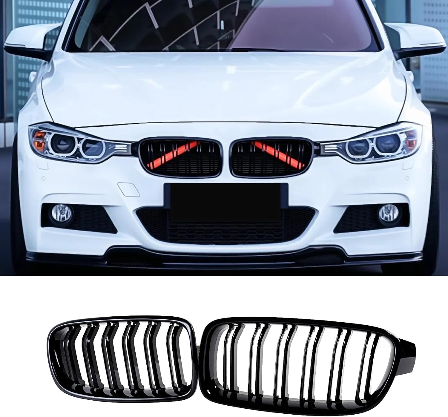 Grille Front Kidney Color Grill Compatible with BMW 3er F30 F31 2012 2013 2014 2015 2016 2017 2018 Double Slats ABS Gloss Black Grills (For 3er F30 2012-2018)