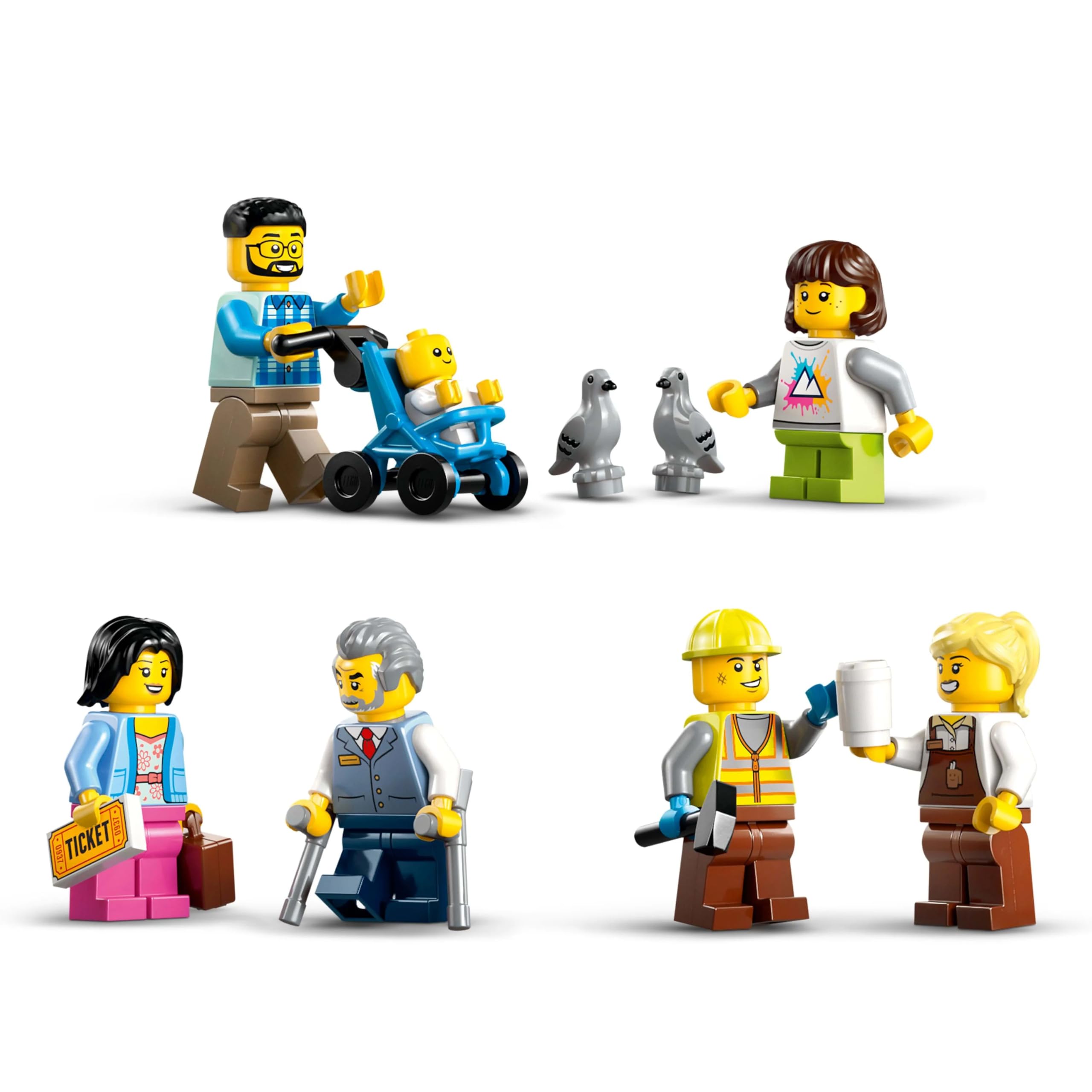 LEGO City Centralny dworzec kolejowy, zabawka dla 7-latka z pojazdami kolejowymi, wagon z wysięgnikiem, sześć minifigurek, figurka dziecka i dwa gołębie, prezent dla chłopca i dziewczynki 60469