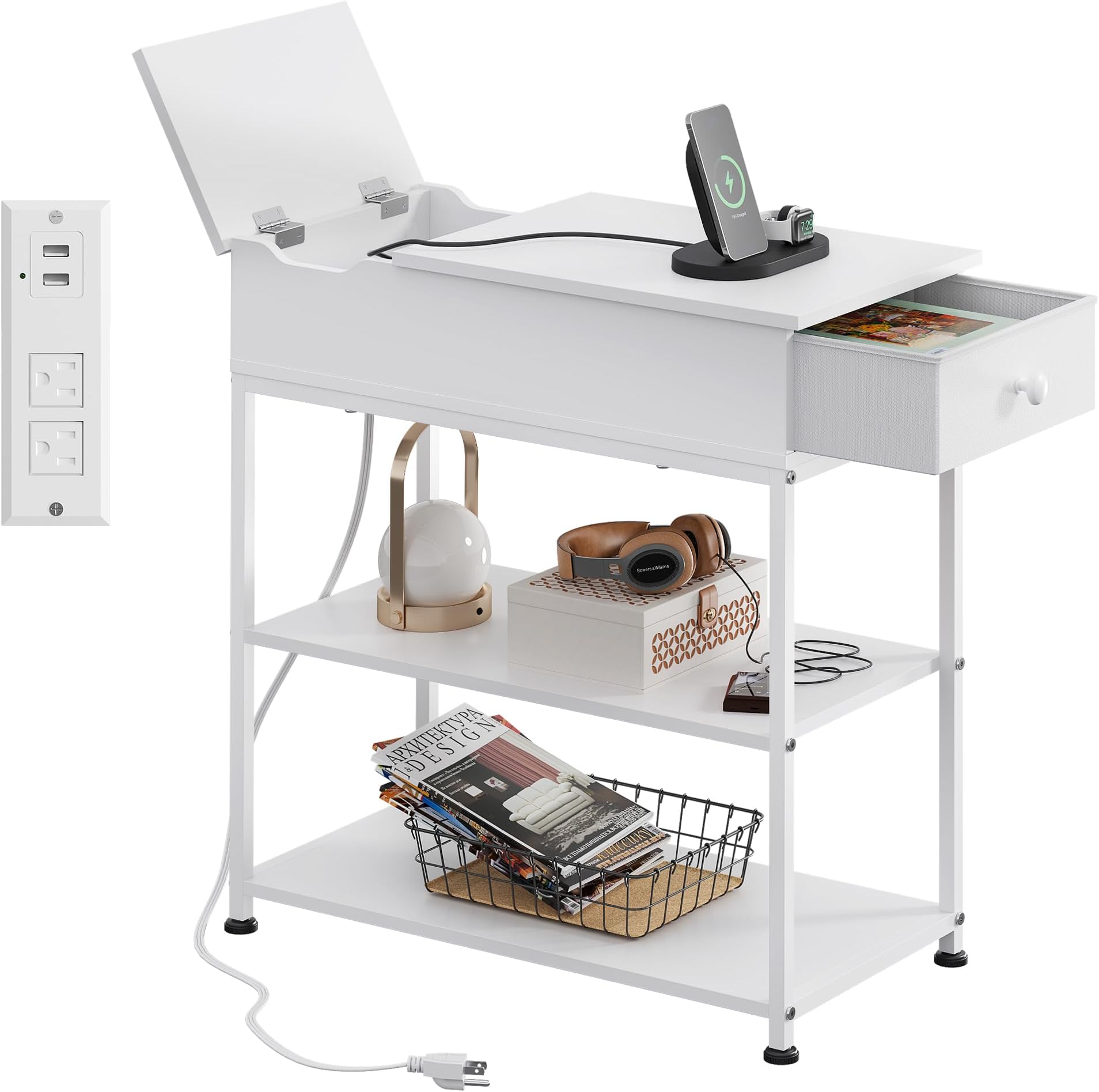 WLIVE Narrow Side Table with Charging Station, Couch Side Table for Living Room, Narrow End Table for Bedroom with Fabric Drawer, USB Ports and Power Outlets, 11.8‘’W 23.6‘’L 24‘’H, White