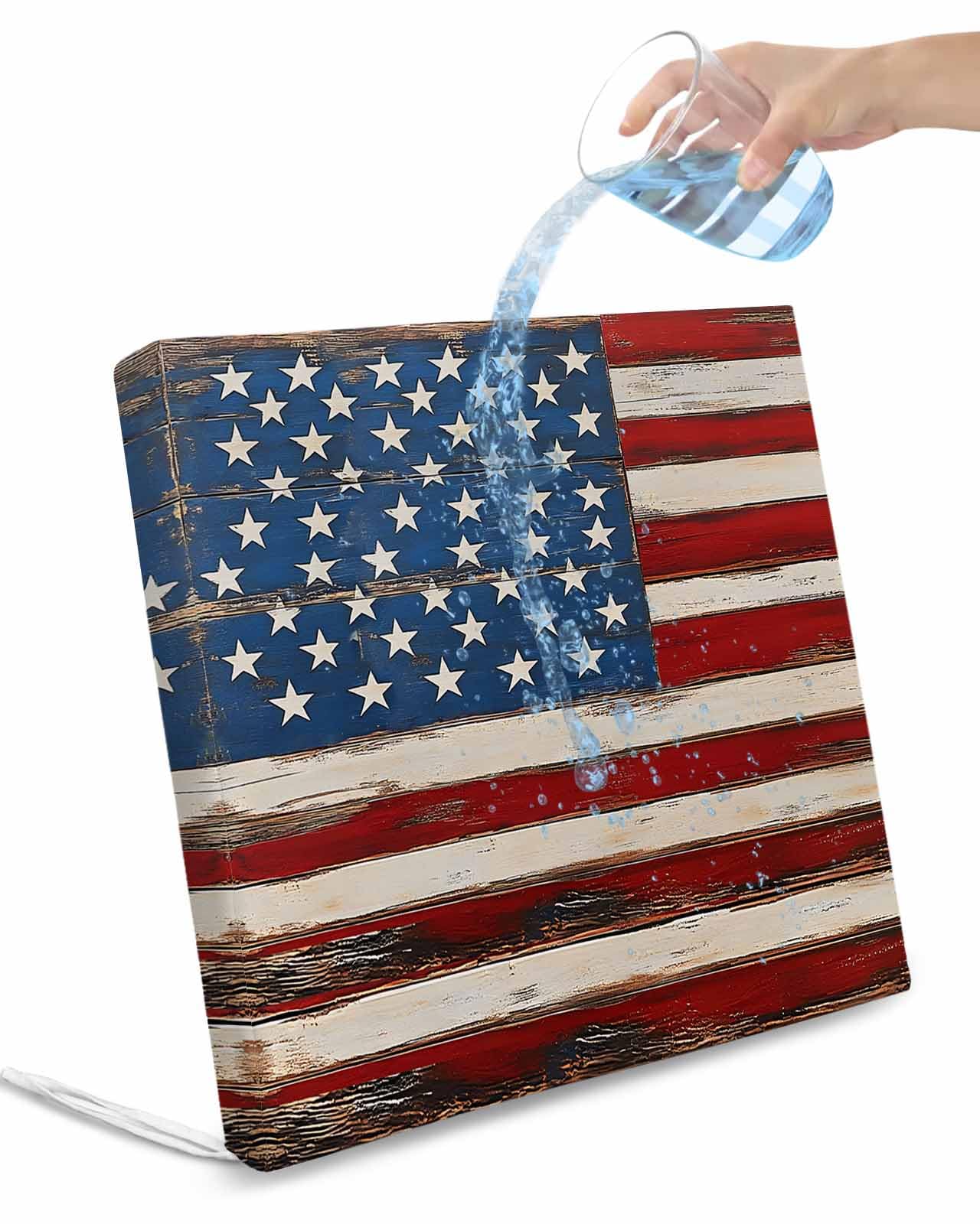 2 Pack Farmhouse American Flag Waterproof Cushion Covers with Ties, Outdoor Patio Chaise Lounge Chair Seat Cushion Slip Covers Replacement(Only Cover) Blue Red USA Flag Vintage 24