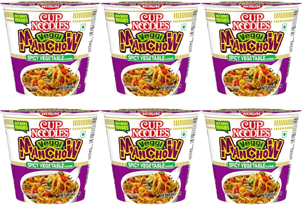 Nissin Cup Noodles Mini Veggie Manchow | Spicy Manchow Flavor with Extra Veggies | Quick & Delicious Snack | 45g (Pack of 6)