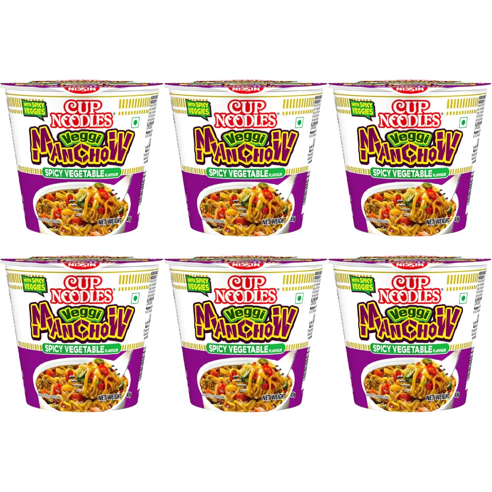 Nissin Cup Noodles Mini Veggie Manchow | Spicy Manchow Flavor with Extra Veggies | Quick & Delicious Snack | 45g (Pack of 6)