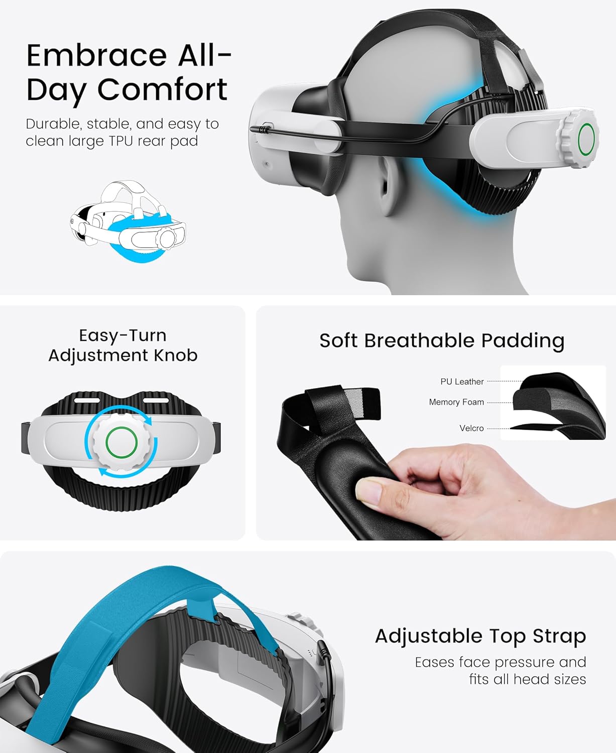 Battery Head Strap Compatible with Oculus Meta Quest 3S/3/2,10000mAh Battery VR Headset Strap Enhanced Support and Comfort, Adjustable Elite Strap Replacement- MV1001