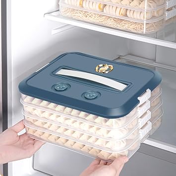 Food Storage Containers with Lids, Plastic Cookie Storage Containers Airtight, 4-Layer Stackable Food Containers Dumpling Storage Box, Blue