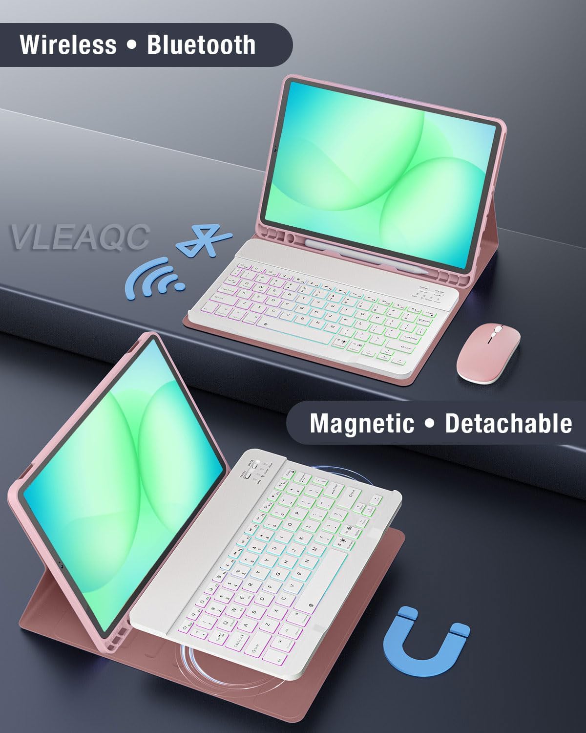 Keyboard Case for Samsung Galaxy Tab A9+/A9 Plus 11 Inch 2023 (SM-X210/X216/X218), Detachable Color Backlit Bluetooth Keyboard and Mouse, Slim Lightweight Stand Cover with Pen Holder (Pink)