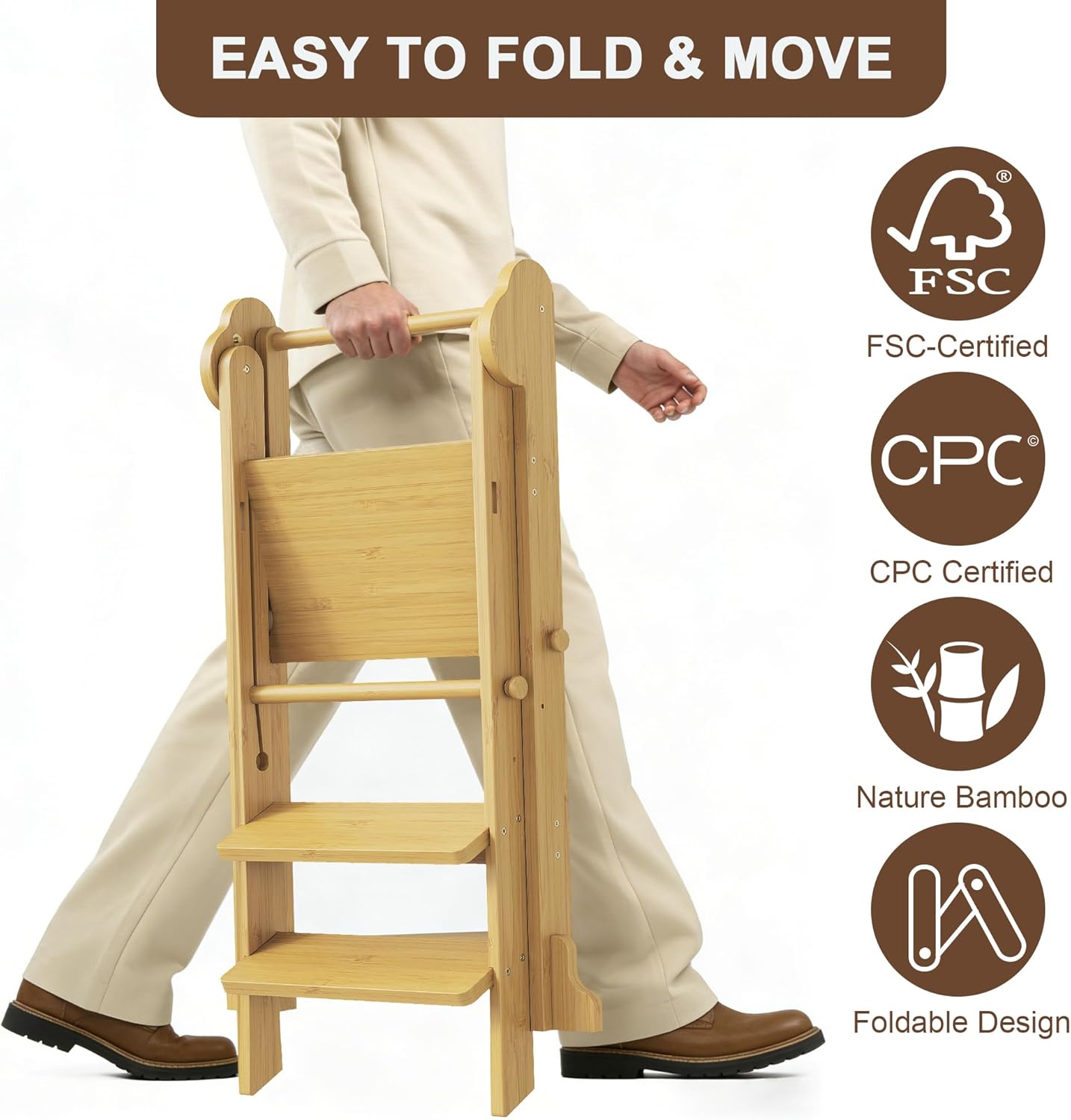 PETKABOO Foldable Toddler Kitchen Tower, Adjustable Height Toddler Learning Step Stool with Safety Net, Foldable Toddler Standing Tower Helper for Ages 18 Months to 6 Years - Bamboo