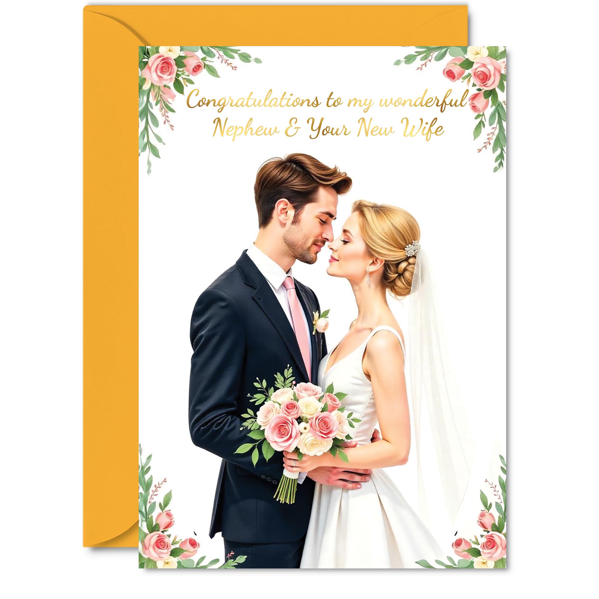 Gold Nephew Wedding Card - Wonderful Floral New Wife - Golden Happy Wedding Card for Nephew from Auntie Uncle, A5 Marriage Congrats Well Done Greeting Cards