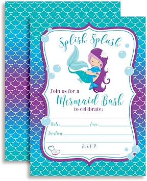 Magical Mermaid Birthday Party Invitations for Girls, 20 5x7 Fill In Cards with Twenty White Envelopes by AmandaCreation, Mermaid with Light Complexion