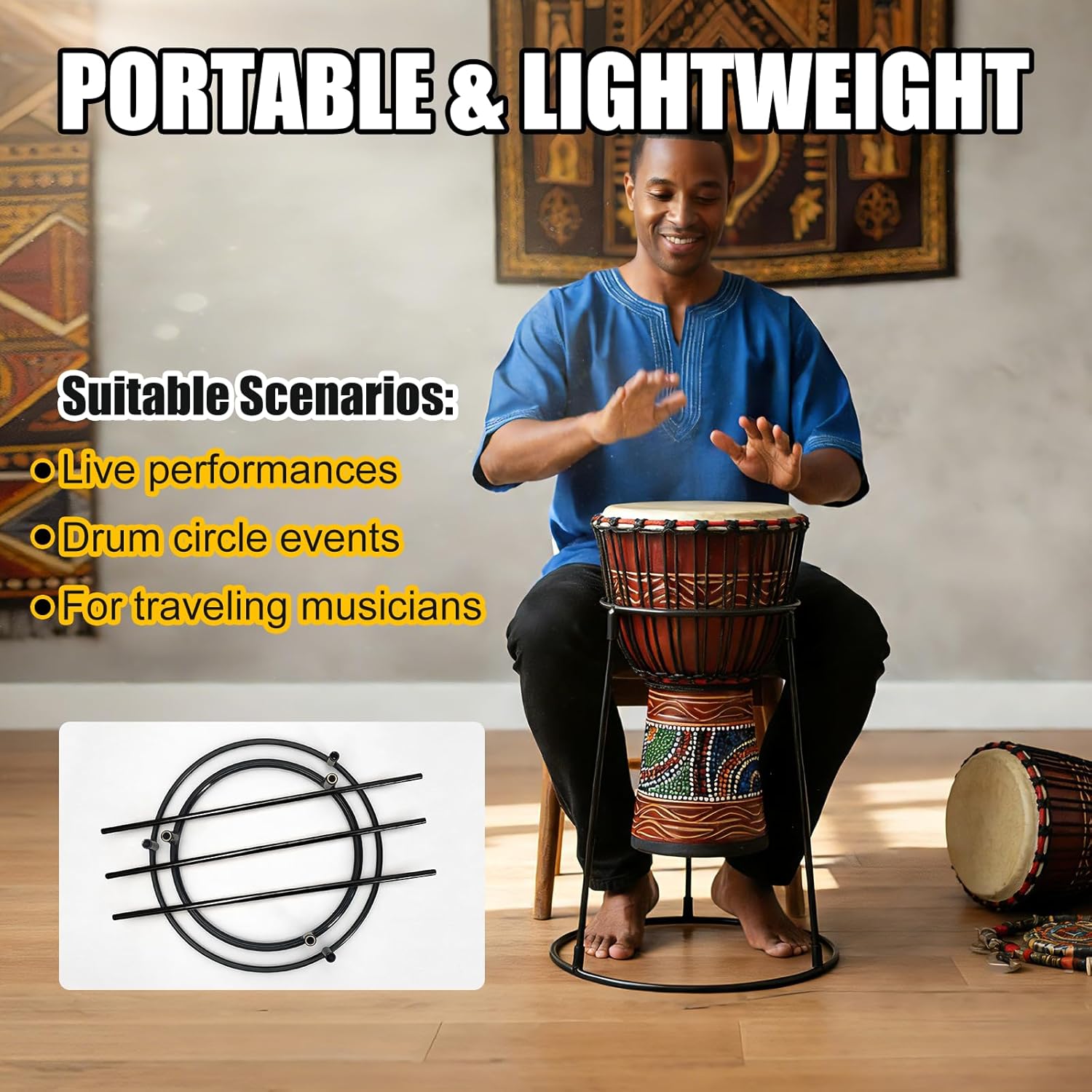 Portable Djembe Floor Stand – Lightweight Carbon-Steel Support for 8.5"–12" Drums, Stable Travel-Ready Percussion Rack for Adults and Beginners