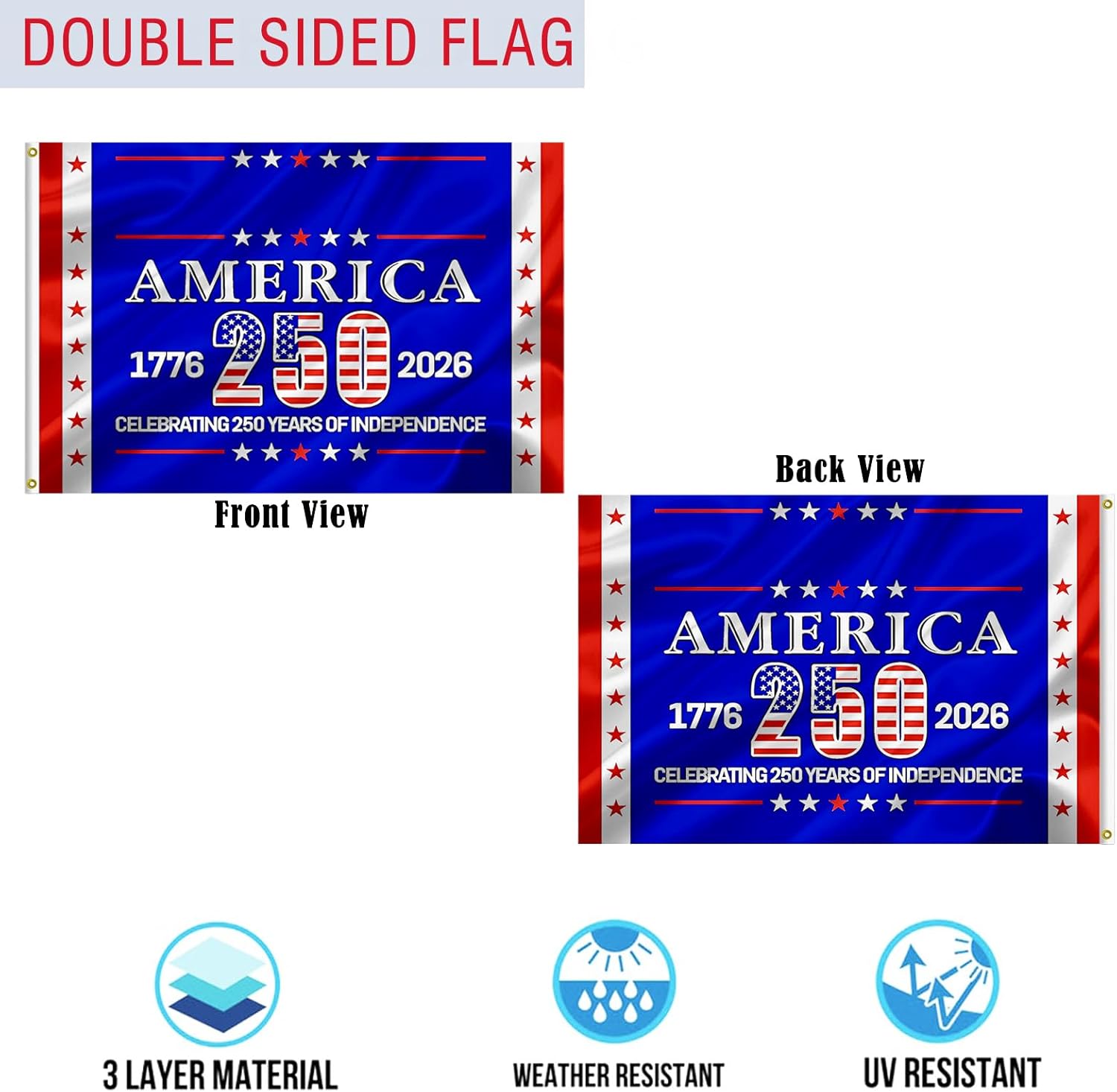 250 Anniversary USA Flag 2x3 - Double Sided 3-Ply 250 year american anniversary flag Heavy Duty - UV Protection & Fade Resistant & 2 Brass Grommets - 250 Years Of Freedom
