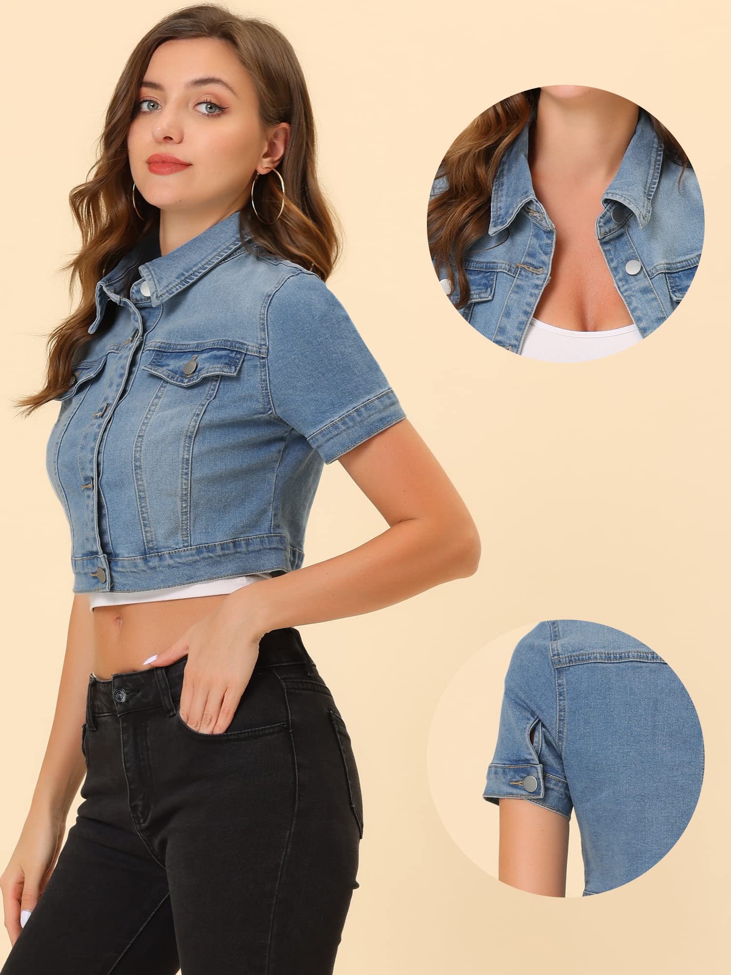 Allegra K Damen Jeansjacke Kurzarm Kurz Cropped Jeansjacken Knopfleiste Crop Jacket Kurze Denim Jacke