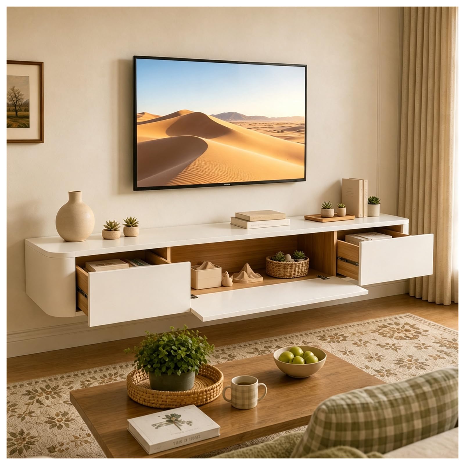 KSYGINXD 180cm Space Saving Floating TV Cabinet Wall-Mounted Media Console With Cable Management & Ample Storage For Any Room