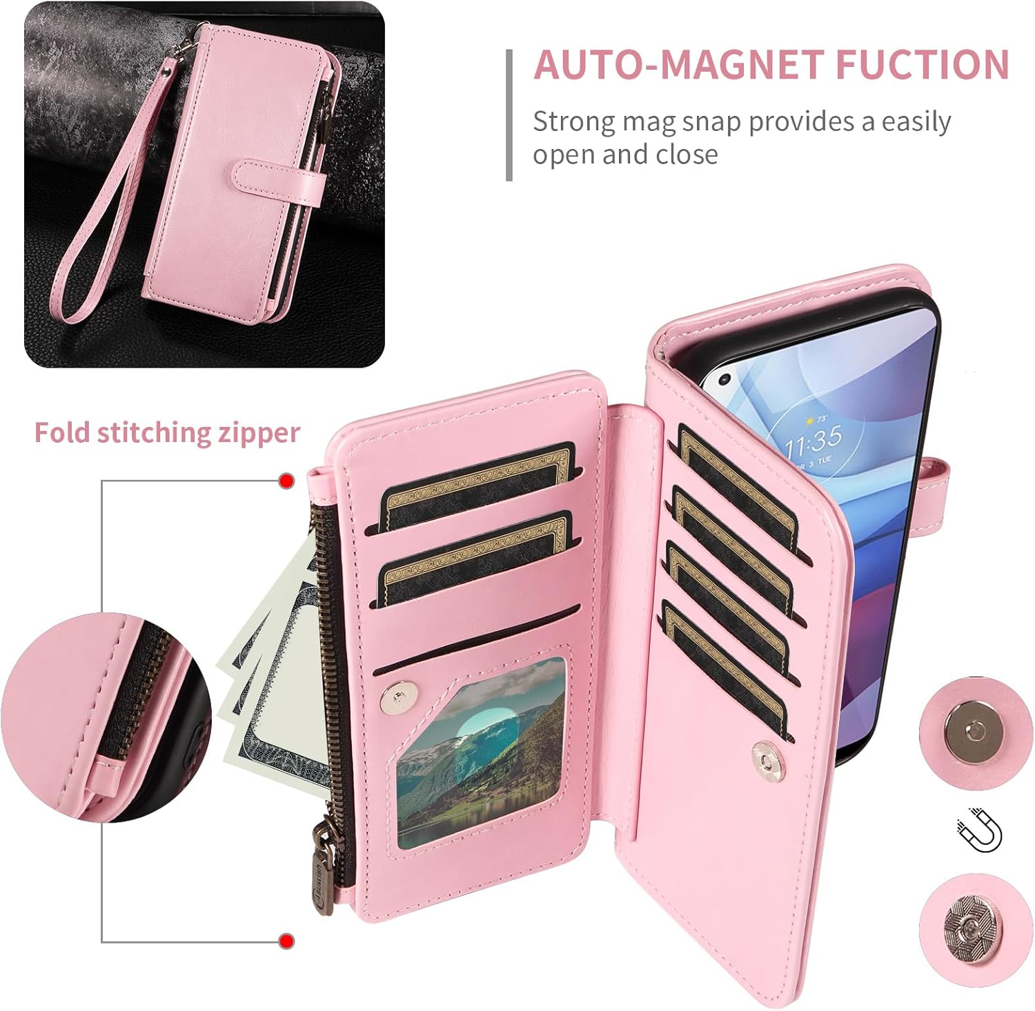 Asuwish Phone Case for Moto G Power 2021 Cover with Screen Protector and Lanyard Zipper Wallet Card Holder Slot Stand Mobile Cell Accessories Motorola GPower 21 5G Version XT2117-4 Women Men Pink