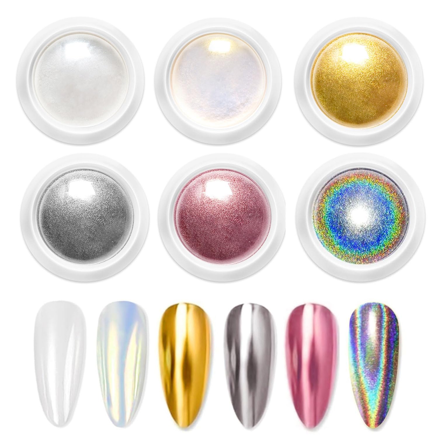 6PCS Chrome Ongles Super Miroir, Poudre Holographique Métal Vernis Gel, Effet Doré Iridescence Aurore Nacrée Pigment, Décoration Salon DIY Nail Art