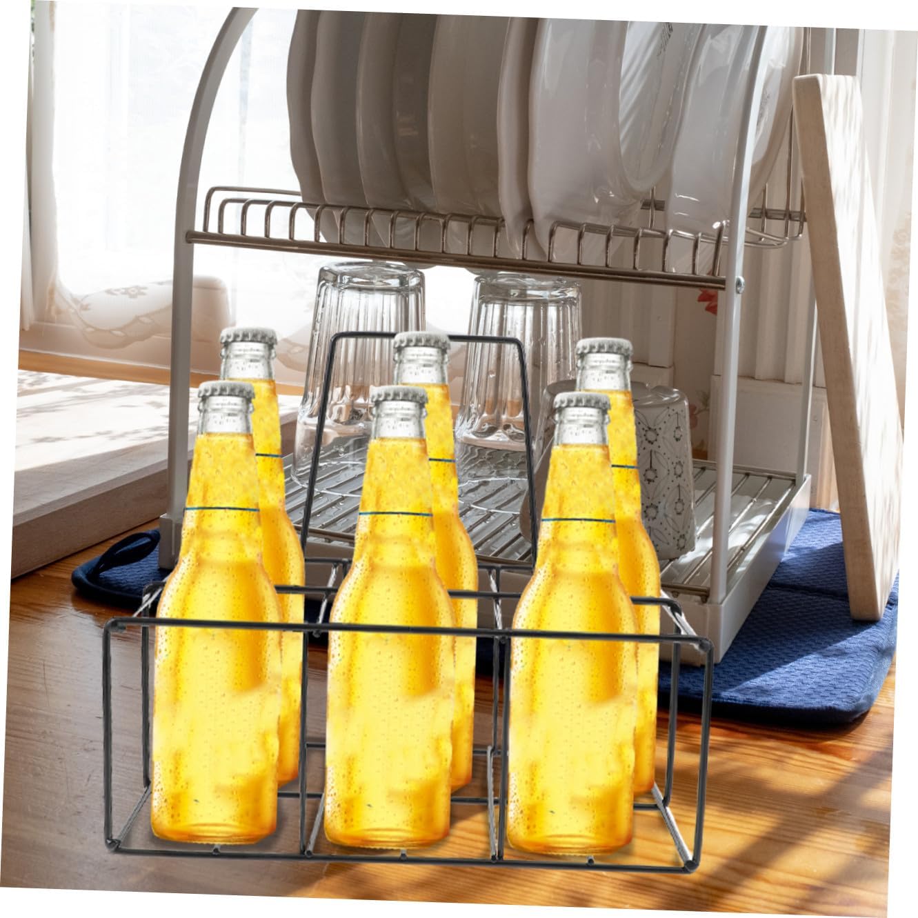 PRETYZOOM 6grids Iron Craft Handheld Bottle Carrying Rack Convenient Storage for Milk Beer Bottles Black Organizer for Home Bars and Kitchens