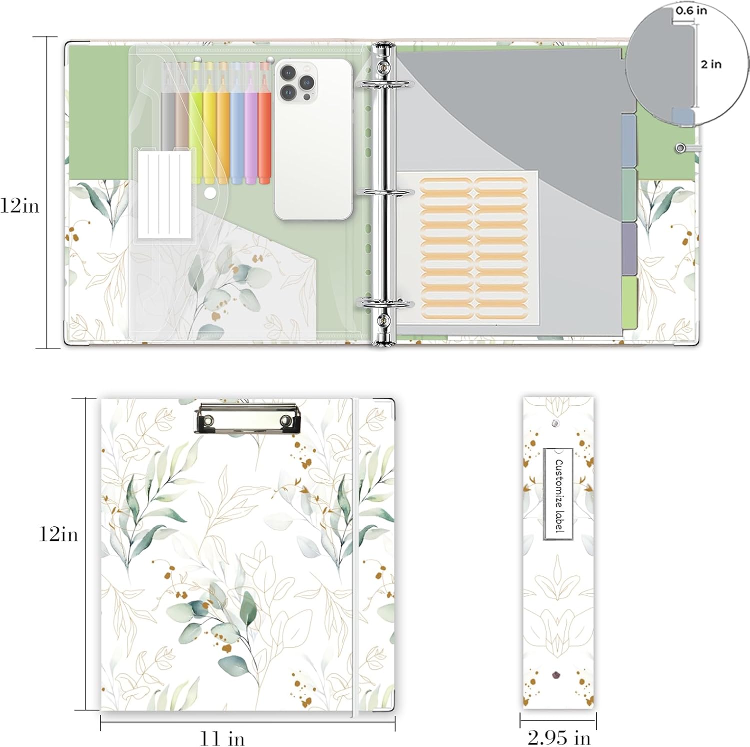 3 Ring Binder 2 Inch, Three Ring Binders Organizer with Clipboard, 5-Tabs Pockets Dividers, Plastic Folder, 18 Divider Stikers, KLLVE Cute Binder with Pen Loop (Leaves, Letter Size)