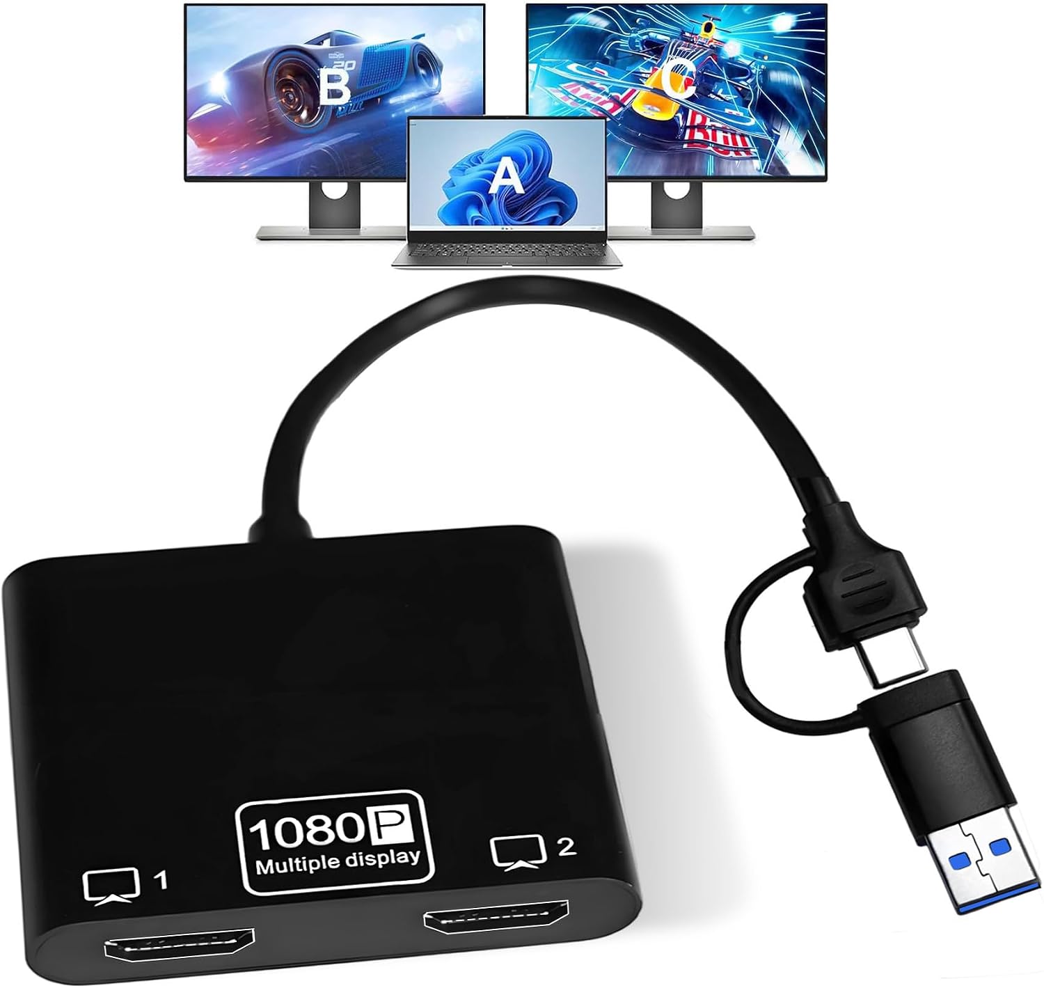 USB to Dual HDMI Adapter, Type-A/USB C to HDMI Multiple Monitors Converter | USB to HDMI Adapter Supports 1920x1080@60Hz Resolution, USB HDMI Cable for Laptop Mac MacBook HP Dell, for Windows 11/10/8