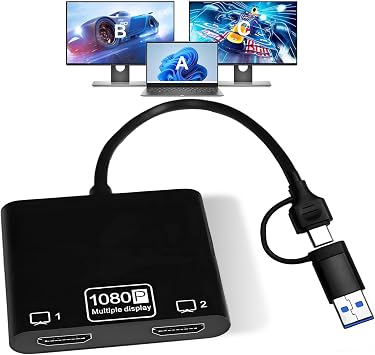 USB to Dual HDMI Adapter for Monitor Windows 11/10/8,Type-A or USB C to HDMI Multiple Monitors Converter,USB HDMI Cable for Laptop Mac MacBook HP Dell