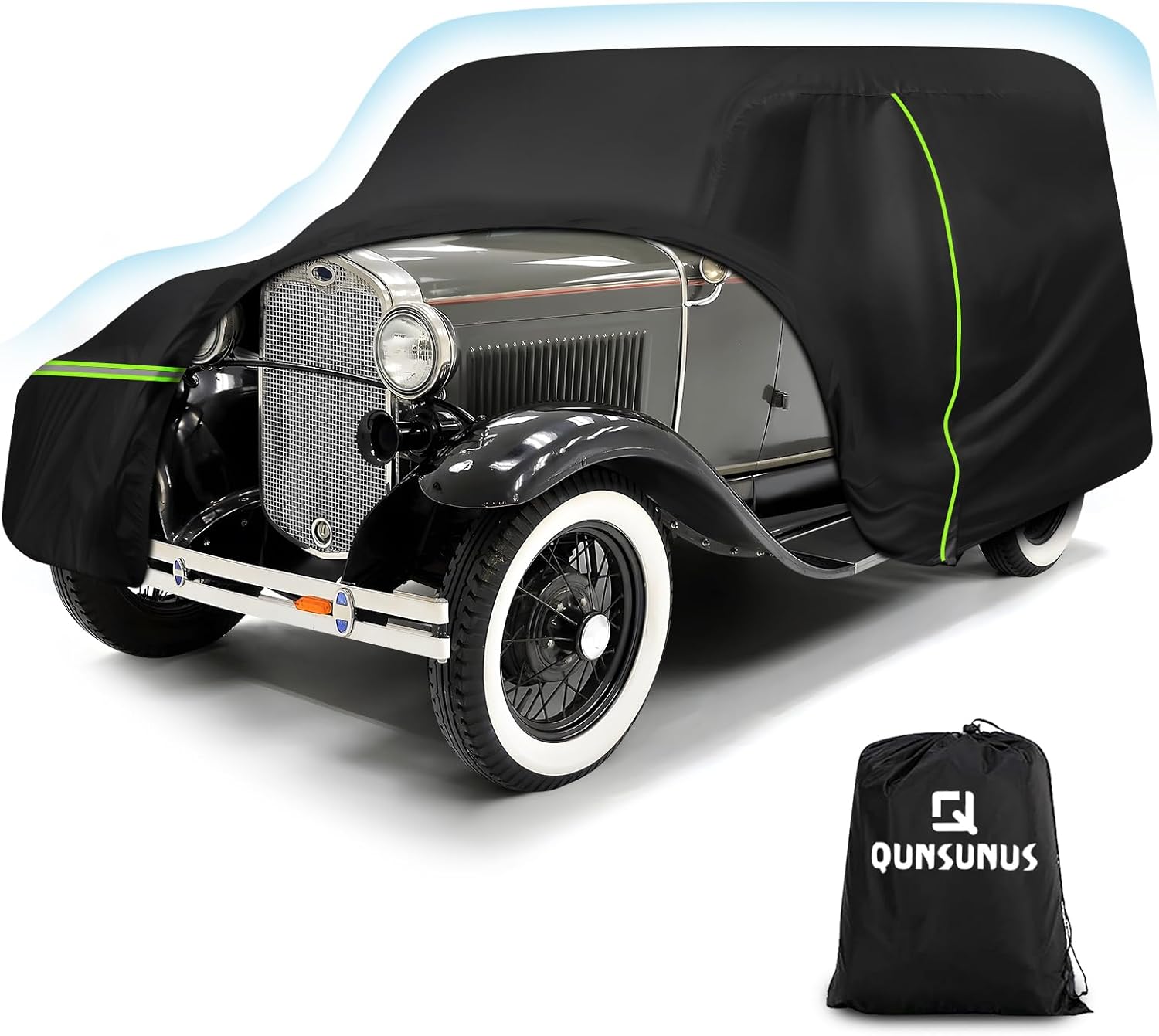 QUNSUNUS Waterproof Car Cover for Ford Model A Sedan/Convertible 1928-1931, All Weather Outdoor Car Covers with Zipper and Elastic Edges for Wind, Sun, UV and Dust Protection black for Ford A Sedan/Convertible