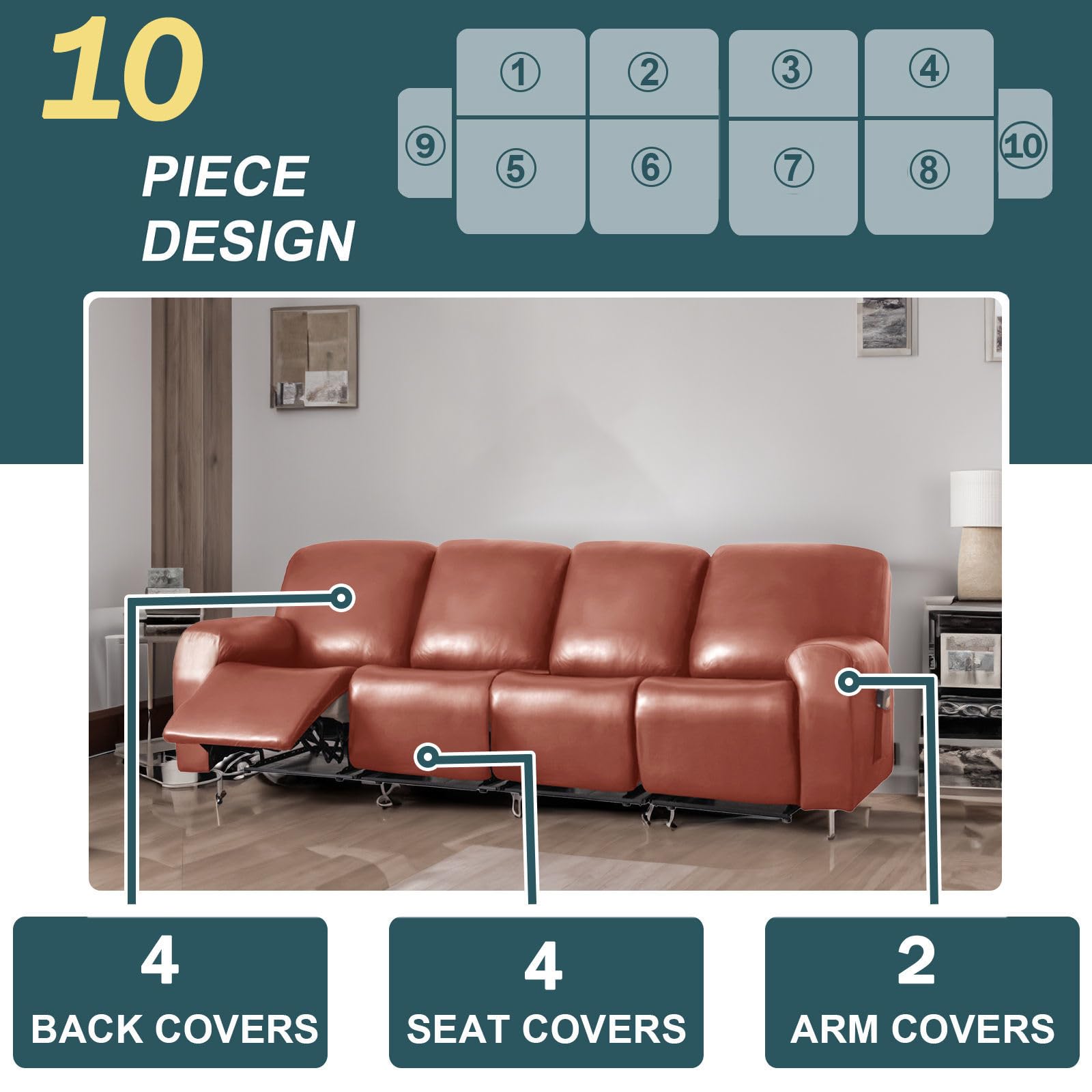 Juego de 10 fundas impermeables de cuero elástico para sofá reclinable de 4 plazas, parte inferior elástica naranja, resistente a los arañazos, lavable