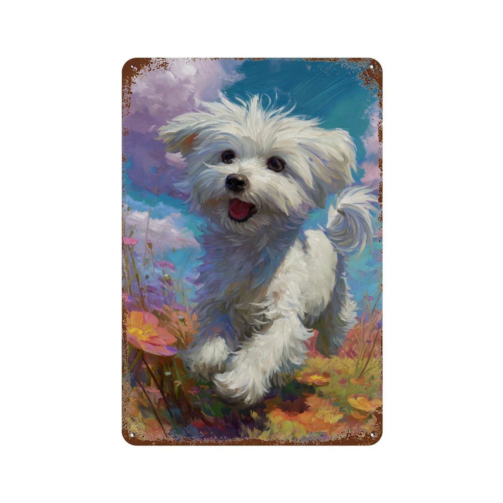 Happy Dog in Flowers Vintage Rust Metal Sign 11.8"x7.9", Shabby Chic Decor for Shed, Workshop And Garage Wall Decor