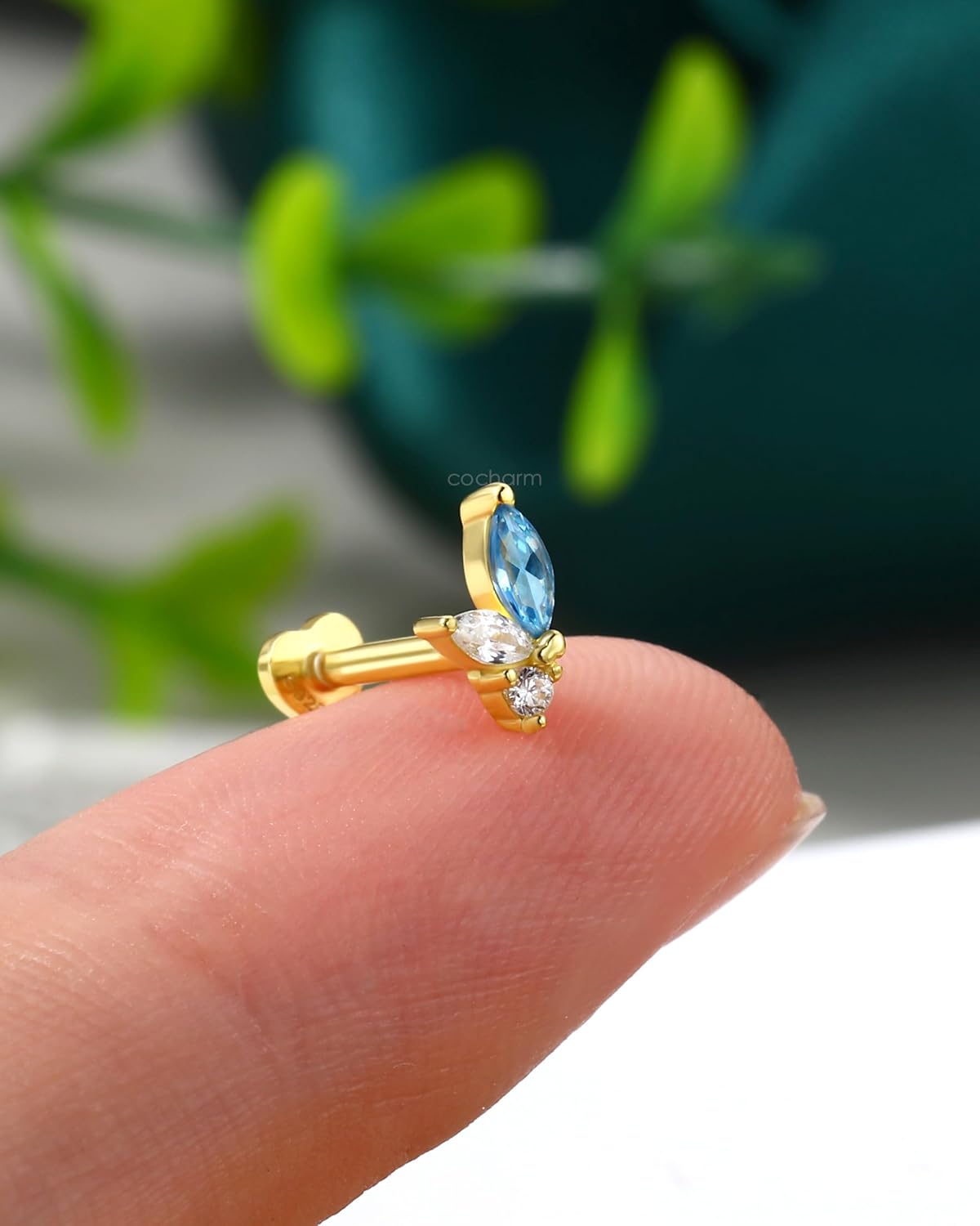 COCHARM 14K Gold Plated Cartilage Earrings Stud 16G Blue CZ Internally Threaded Helix Tragus Earrings Stud 925 Sterling Silver Surgical Steel - Image 6