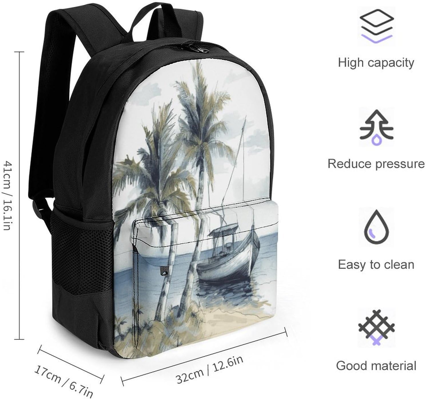 Palm Trees Fishing Boat Backpack Daypack Travel Backpack | Lightweight Casual Laptop Backpack for Women Men Aesthetic Travel Bag for Weekender Business Hiking Outdoor