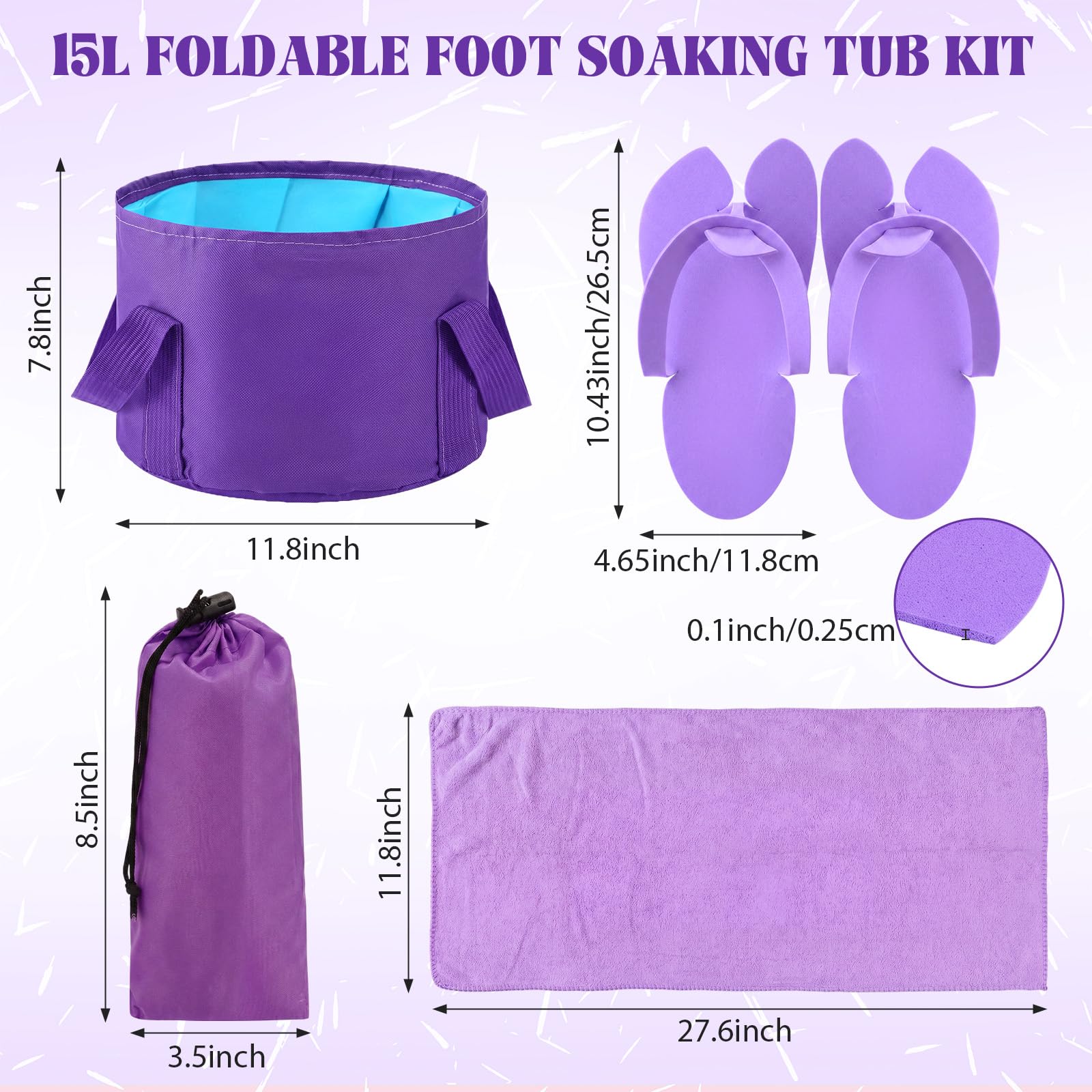 FillTouch 6 Sets faltbares Fußbad-Set, 15 l, zusammenklappbare Fußbadewanne, Badezimmer-Handtücher, Damen, Erwachsene, faltbare Hausschuhe mit Aufbewahrungstasche, Spa, Soak-Pediküre, Bad für Reisen