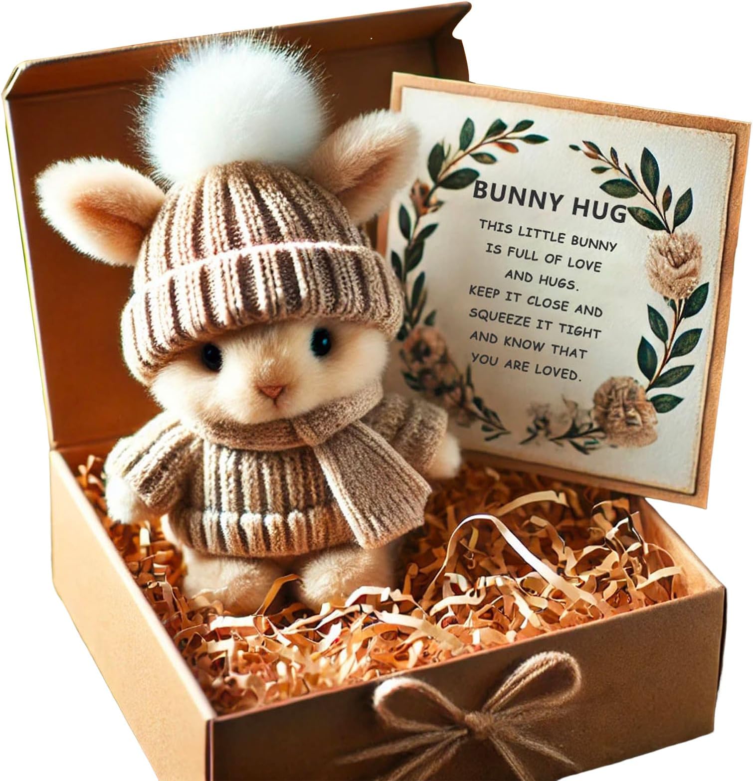 Easter Mini Cute Bunny Hug, Handmade Plush Pocket Hug Rabbit doll, Cute Emotional Support Positive crochet Bunny,Unique Gift For Kids Family Friend Loved Ones - Includes Box & Card (Khaki)