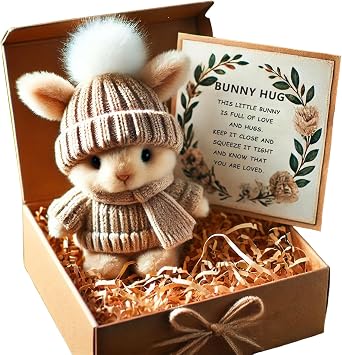 Easter Mini Cute Bunny Hug, Handmade Plush Pocket Hug Rabbit doll, Cute Emotional Support Positive crochet Bunny,Unique Gift For Kids Family Friend Loved Ones - Includes Box & Card Khaki