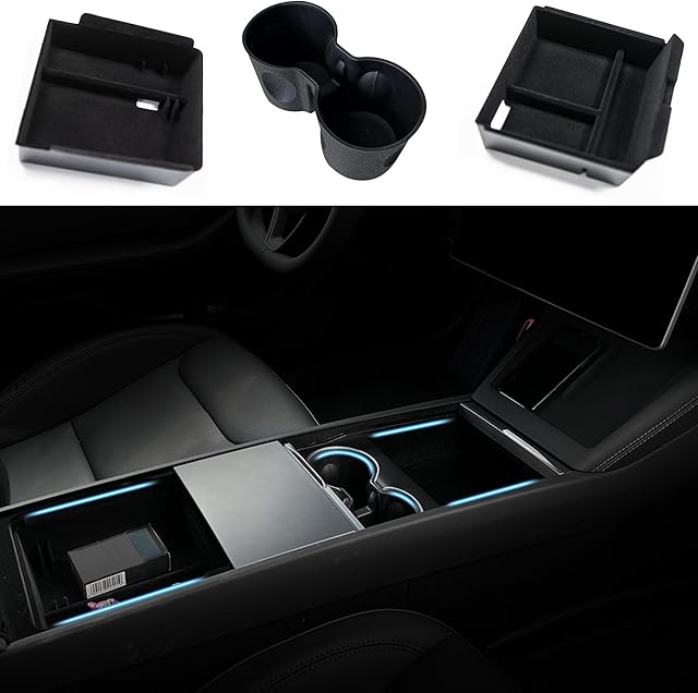 TOPABYTE Organizer konsoli środkowej do Tesla Model 3 Highland 2024, flokowana konsola środkowa, organizer do przechowywania, akcesoria Tesla Highland (opakowanie 3 szt.)