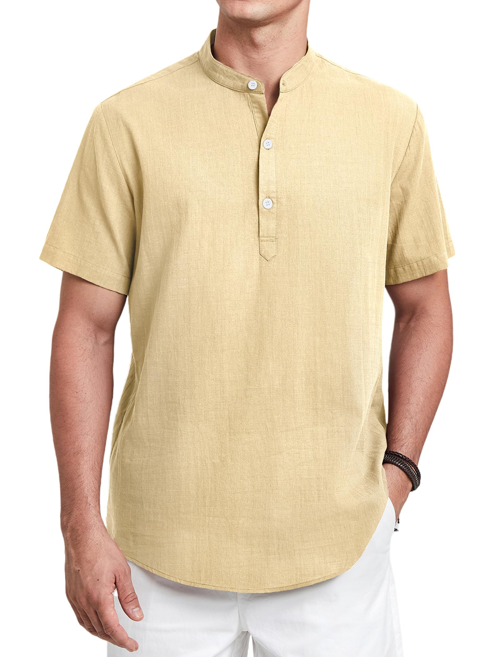 Enlision Camisa Lino Hombre Manga Corta Verano Camisas Casual para Hombres Cuello Mao Ibicenca Camiseta con Botones Algodón Color Sólido Ropa S-4XL