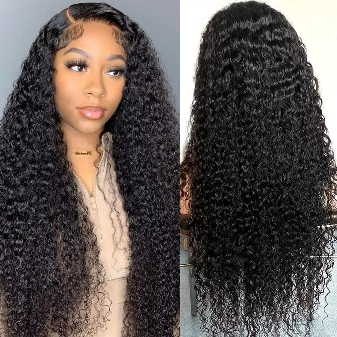 Urshiney 13x4 Lace Front Wig Human Hair Kinky Curly 20 Inch Pre Plucked with Baby Hair Free Part Swiss Transparent Lace Wig for Black Women 180% Density Natural Color - Image 2