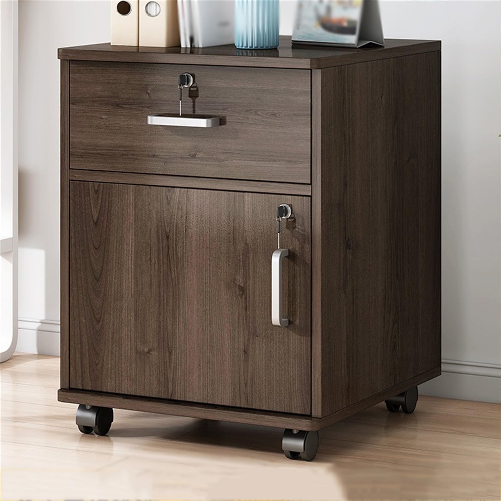 Gabinete de almacenamiento de documentos Archivador de oficina, un cajón madera con una puerta, gabinete almacenamiento, archivador cerradura, rueda , lateral pequeño deslizante De pie(Bruin)