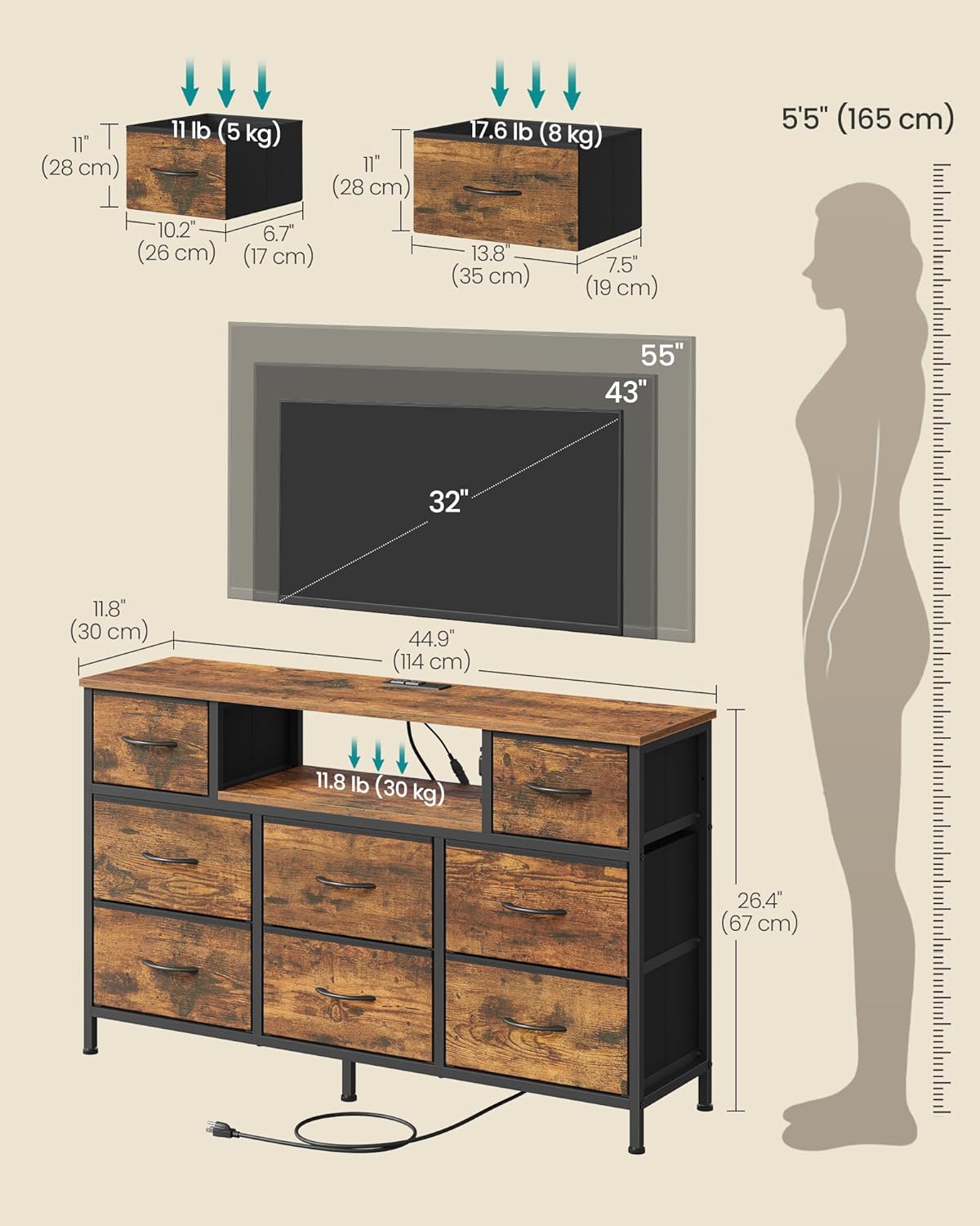 SONGMICS BELLAH Collection - Dresser for Bedroom with Outlets and LED Lights, TV Stand for TVs Up to 55 Inches, Chest of Drawers, 8 Drawers, Steel, Industrial, Rustic Brown and Ink Black ULGS433KD02S