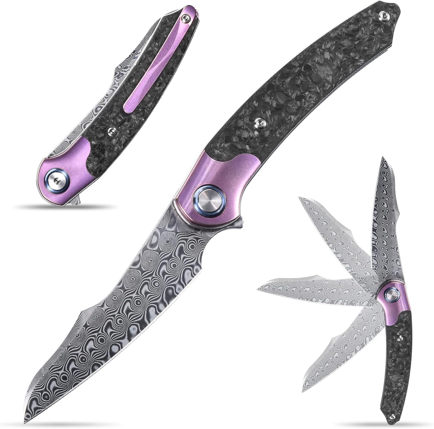 Sitivien ST241 Folding Knife, Damascus Steel Titanium and Carbon Fiber Handle with Ball Bearing for Outdoor Camping Hiking Survival (Blue)