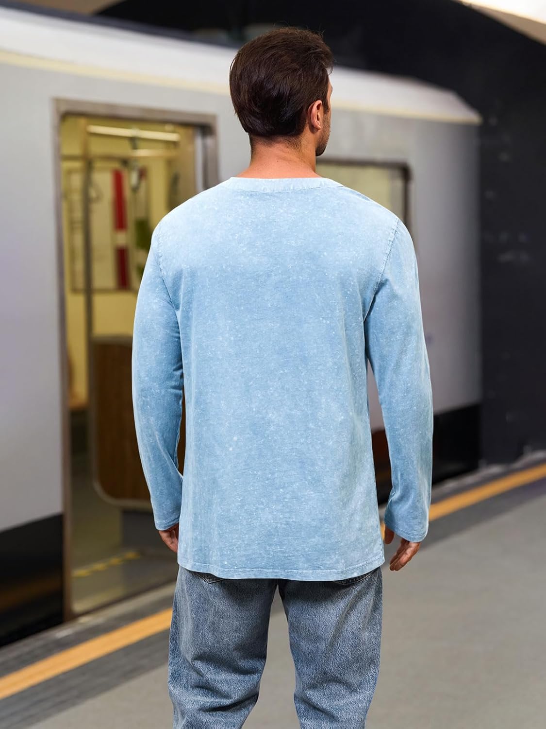 Yousify Mens Henley Shirt Long Sleeve Casual Cotton Basic T Shirts Button Washed Retro Lightweight Tee Tops - Image 3