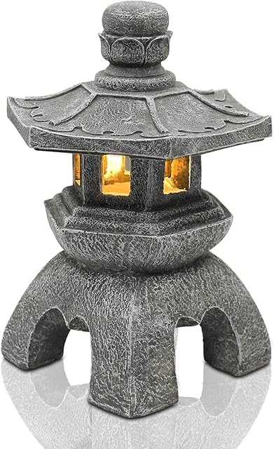 Yeomoo Solarna pagoda ogrodowa dekoracja na zewnątrz  pagoda solarna latarnia figurki ogrodowe Zen ogród japońska dekoracja do salonu, na balkon, taras, prezent dla kobiet, mamy, wodoszczelna lampa solarna do ogrodu, szara