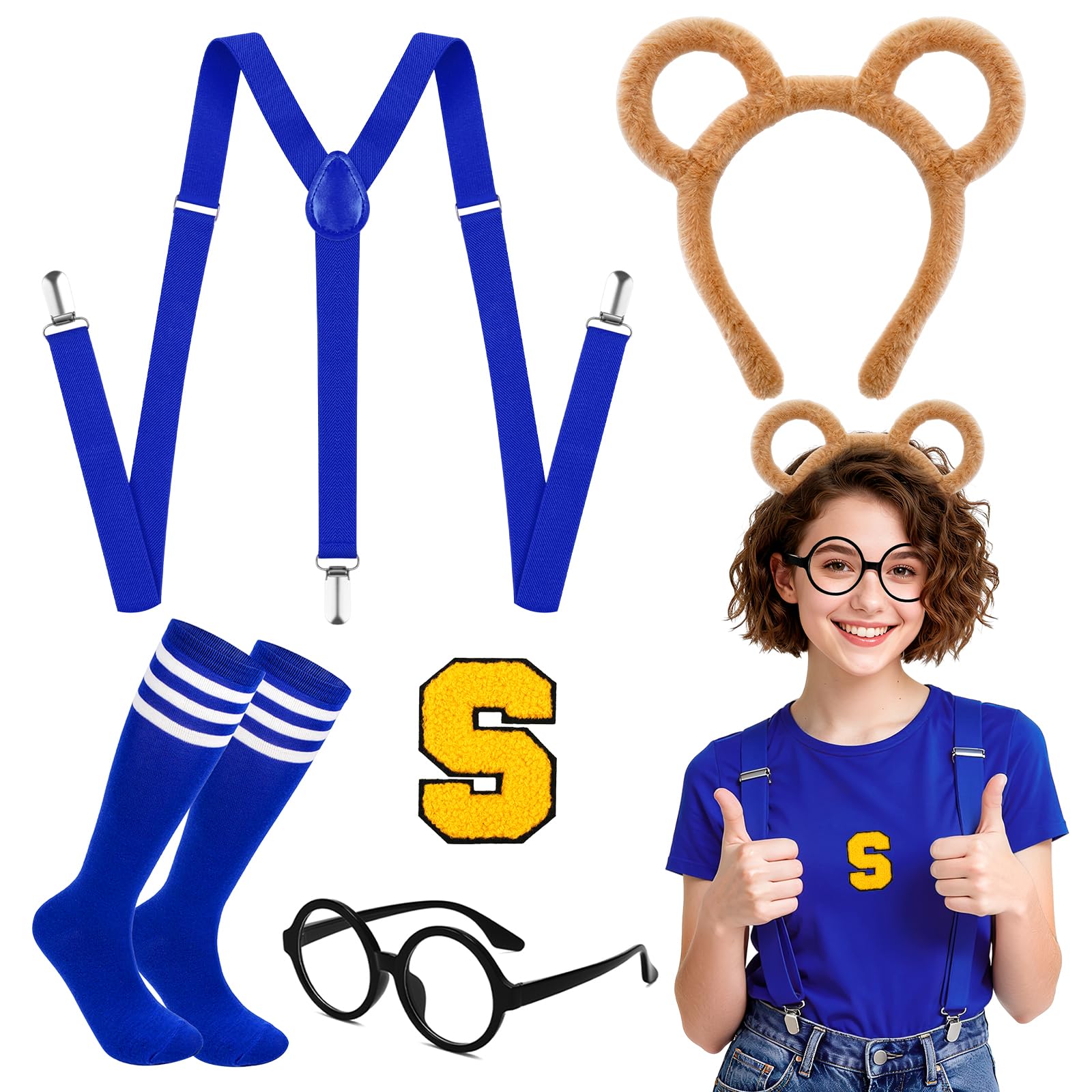 Jokureao 5PCS Chipmunk Costume Set for Adults, Chipmunk Fancy Dress with Striped Socks, Chipmunk Headband, Glasses, A Letter Patch & Y-back,Chipmunks Costumes Suspenders for Halloween, World Book Day — image 1