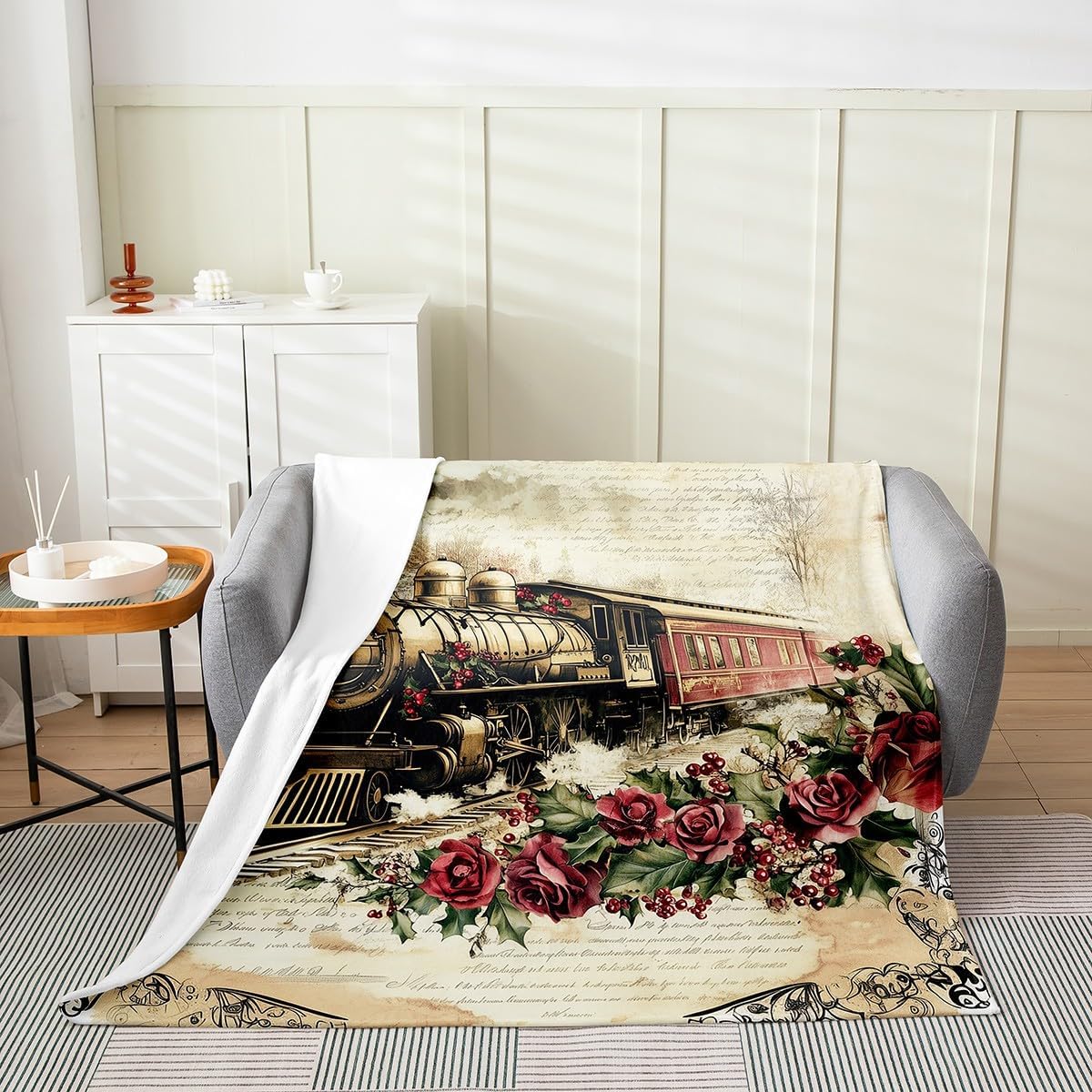 Steam Train Fleece Blanket,Christmas Train Red Roses Retro Flowers Bed Blanket for Kids Teens,Vintage Brown Old Newspaper Style Flannel Blanket for Room Decor,Queen 90"x90"