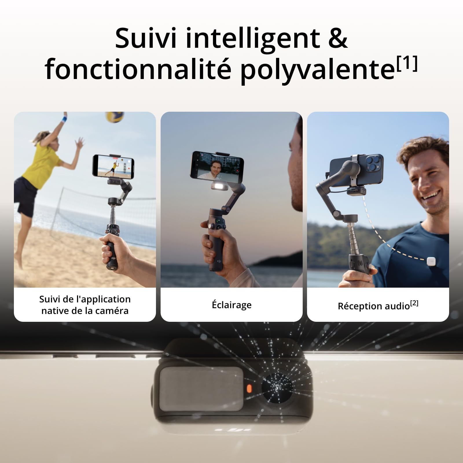 DJI Osmo Mobile 7P pour iPhone, Stabilisateur Nacelle, Android, Suivi natif, Éclairage, Nacelle pour téléphone à 3 axes, Lancement rapide, Édition en un seul clic,Barre d’extension et trépied intégrés