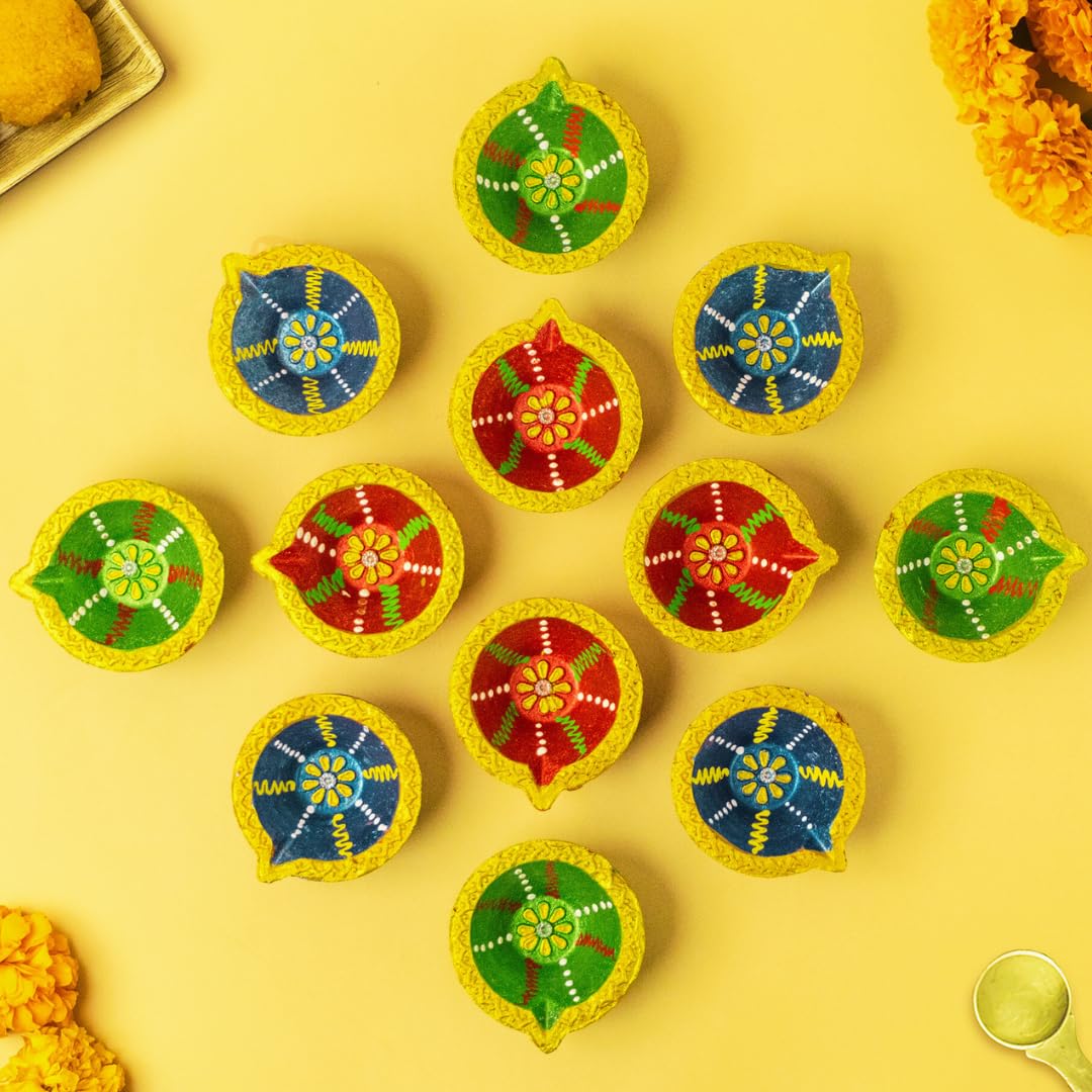 [Pack of 12] Premium Diwali Diyas, Clay Diya with Hanging & Cotton Wicks, Diwali Decorations for Home, Diwali Decor