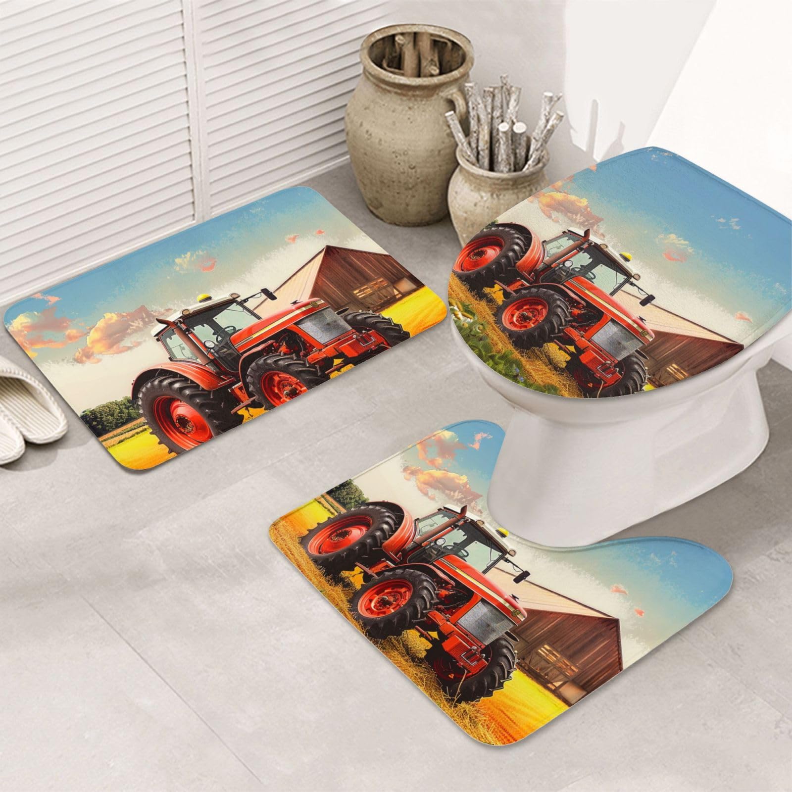 Tapis de bain motif tracteur agricole pour décorer une salle de bain familiale et chaleureuse