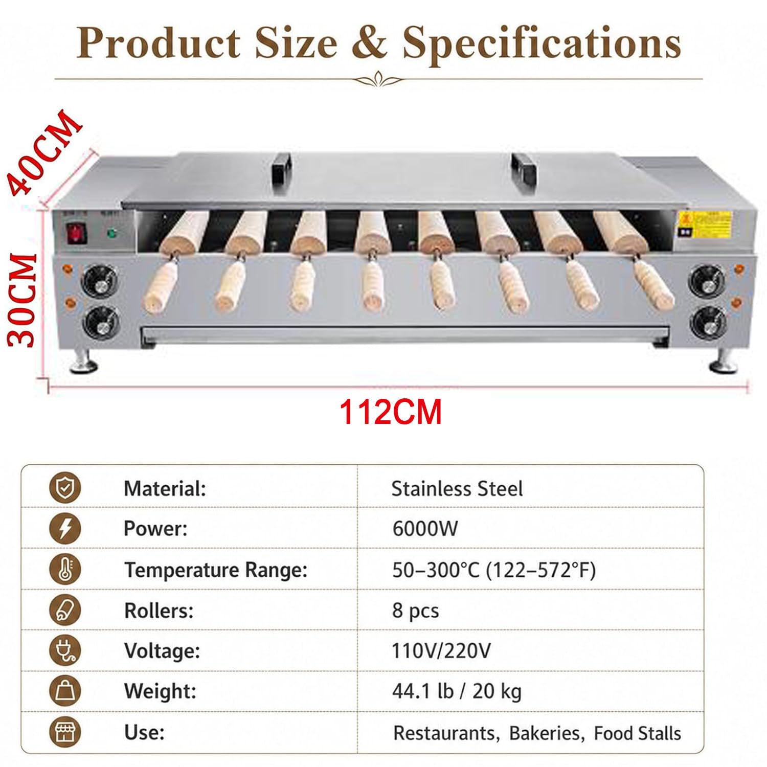 3000W/6000W Forno a Camino per Dolci Commerciale,tostapane per panetterie e pasticcerie,manopola,50-300℃ Regolabile,Perfetto per Coni Gelato, Toast e Waffle 8pcs