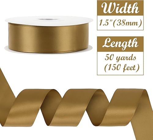 Miniatura 2 de HUIHUANG Cinta marrón dorada de 1-12 pulgadas x 50 yardas, cinta de satén de doble cara de lujo para envolver regalos, manualidades, lazos,