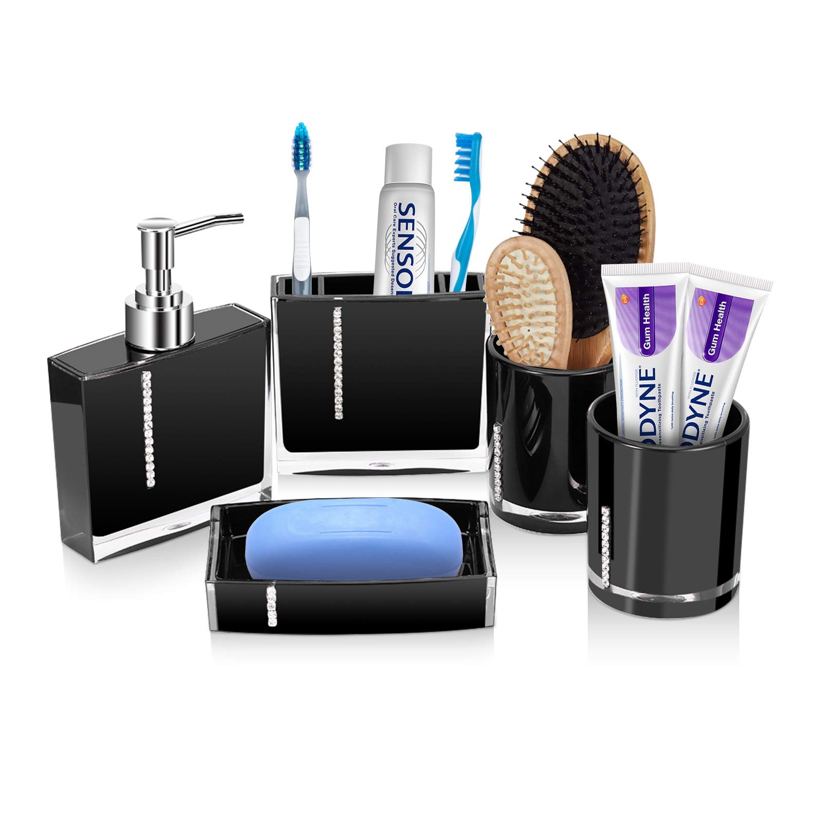 Cocoarm Ensemble d'Accessoires de Salle de Bain, 5 Pièces en Résine, Noir, Comprend Bouteilles de Lotion, Porte-Brosse à Dents, Tasse à Dents, Porte-Savon